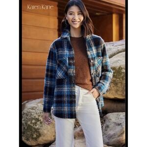 Karen‎ Kane Plus Plaid Boucle Shirt Jacket Women's XS Blue Multi Wool Button